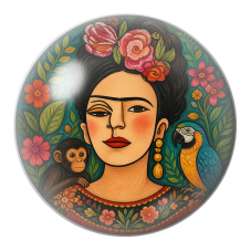 Cabochon en Verre Illustré Frida au Singe et au Perroquet dans un Jardin Peint 12 à 25mm pour la Création de Bijoux Fantaisie - 