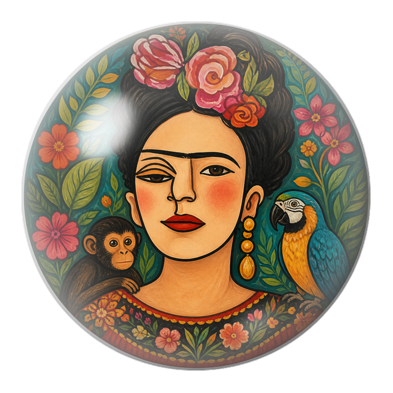Cabochon en Verre Illustré Frida au Singe et au Perroquet dans un Jardin Peint 12 à 25mm