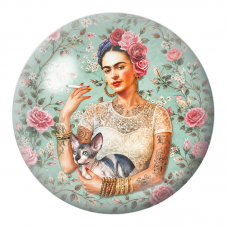 Cabochon en Verre Illustré Frida au Chat Sphynx dans un Jardin de Roses 12 à 25mm pour la Création de Bijoux Fantaisie - DIY