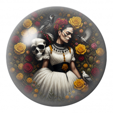 Cabochon en Verre Illustré Frida Catrina aux Roses Jaunes et aux Corbeaux 12 à 25mm pour la Création de Bijoux Fantaisie - DIY