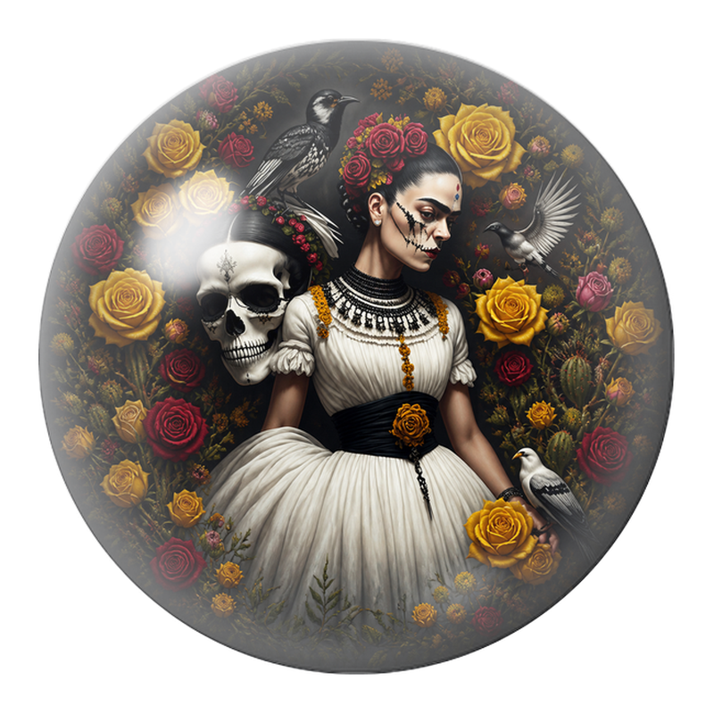 Cabochon en Verre Illustré Frida Catrina aux Roses Jaunes et aux Corbeaux 12 à 25mm