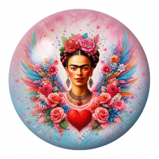 Cabochon en Verre Illustré Frida au Cœur Rouge et aux Plumes Colorées 12 à 25mm pour la Création de Bijoux Fantaisie - DIY