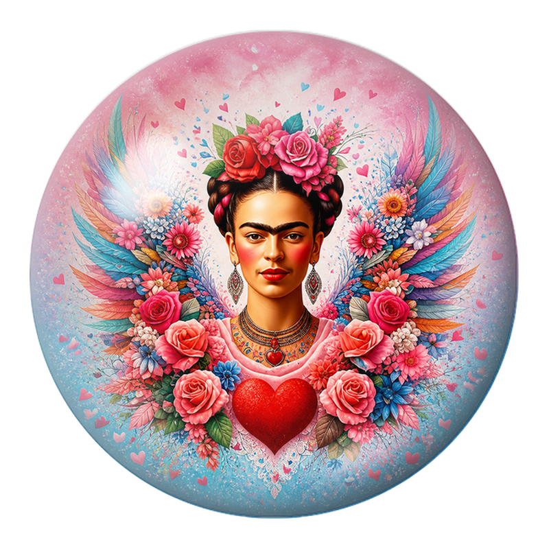 Cabochon en Verre Illustré Frida au Cœur Rouge et aux Plumes Colorées 12 à 25mm