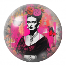 Cabochon en Verre Illustré Frida au Papillon dans un Collage Rose et Noir 12 à 25mm pour la Création de Bijoux Fantaisie - DIY