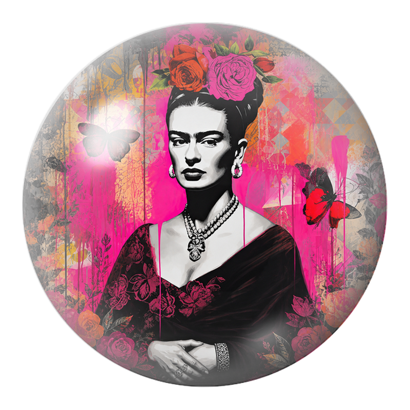 Cabochon en Verre Illustré Frida au Papillon dans un Collage Rose et Noir 12 à 25mm