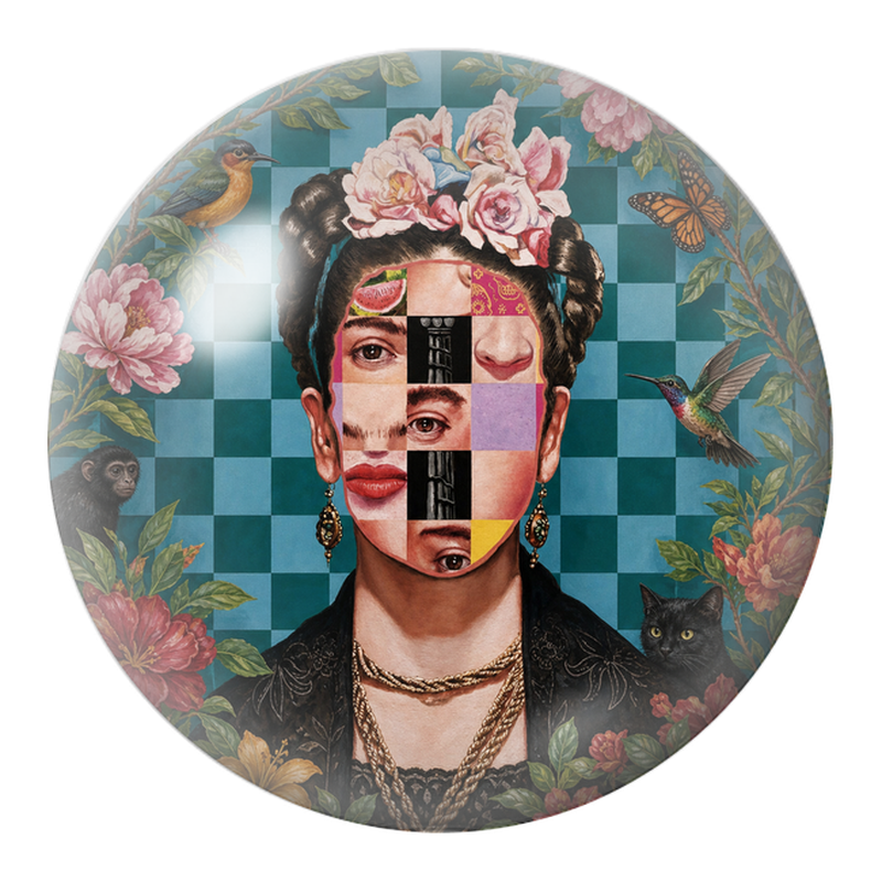Cabochon en Verre Illustré Frida en Portrait Collage avec Oiseaux, Singe et Chat 12 à 25mm