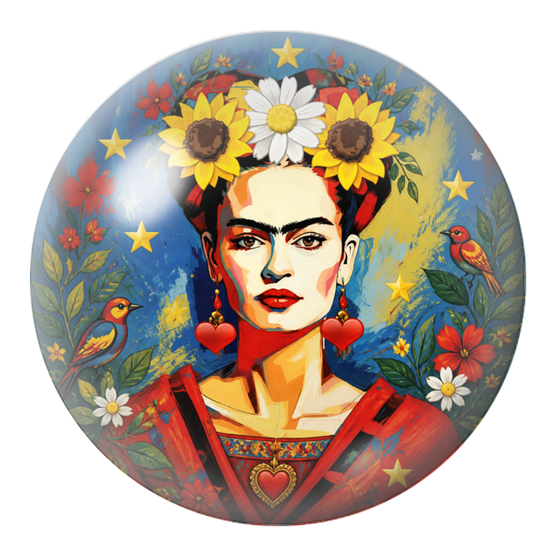 Cabochon en Verre Illustré Frida aux Tournesols et aux Oiseaux sous les Étoiles 12 à 25mm