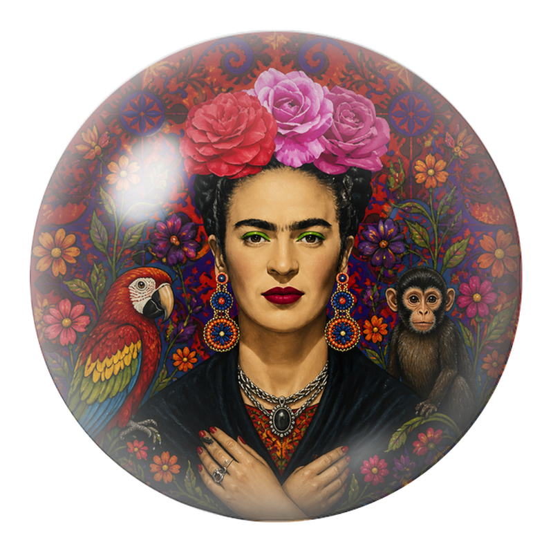 Cabochon en Verre Illustré Frida aux Roses avec Perroquet et Singe 12 à 25mm