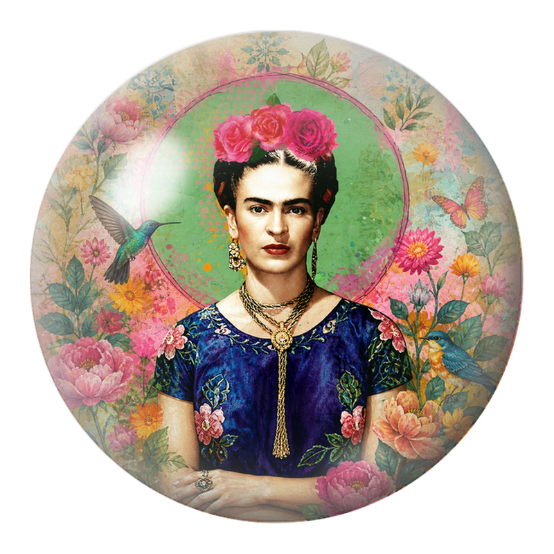 Cabochon en Verre Illustré Frida au Jardin Fleuri avec Colibris et Papillon 12 à 25mm