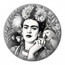 Cabochon en Verre Illustré Frida en Portrait Monochrome avec Singe et Perroquet 12 à 25mm pour la Création de Bijoux Fantaisie -