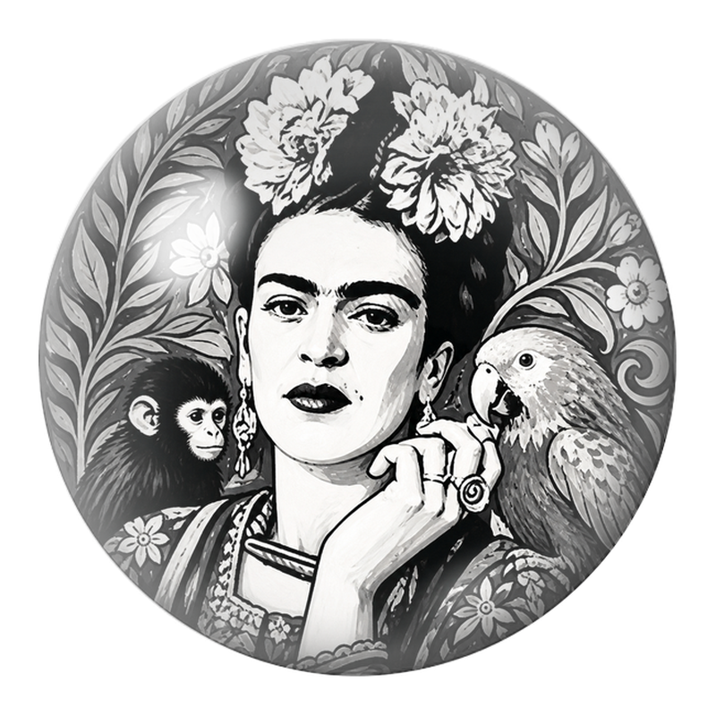 Cabochon en Verre Illustré Frida en Portrait Monochrome avec Singe et Perroquet 12 à 25mm