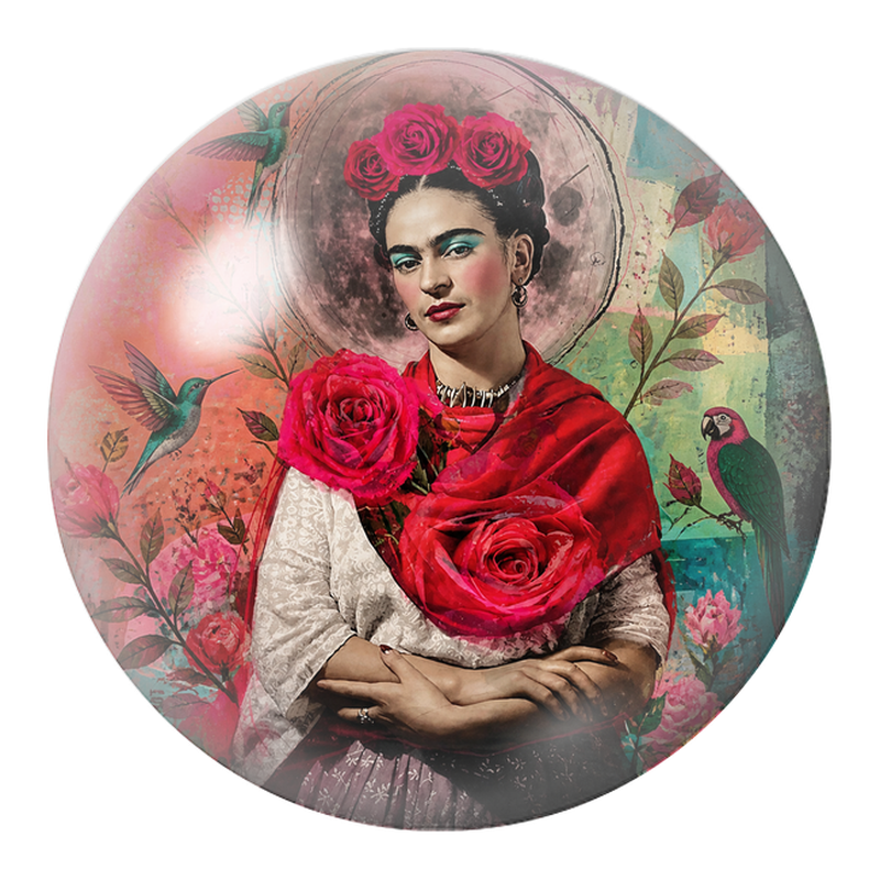 Cabochon en Verre Illustré Frida aux Roses avec Colibris et Perroquet 12 à 25mm