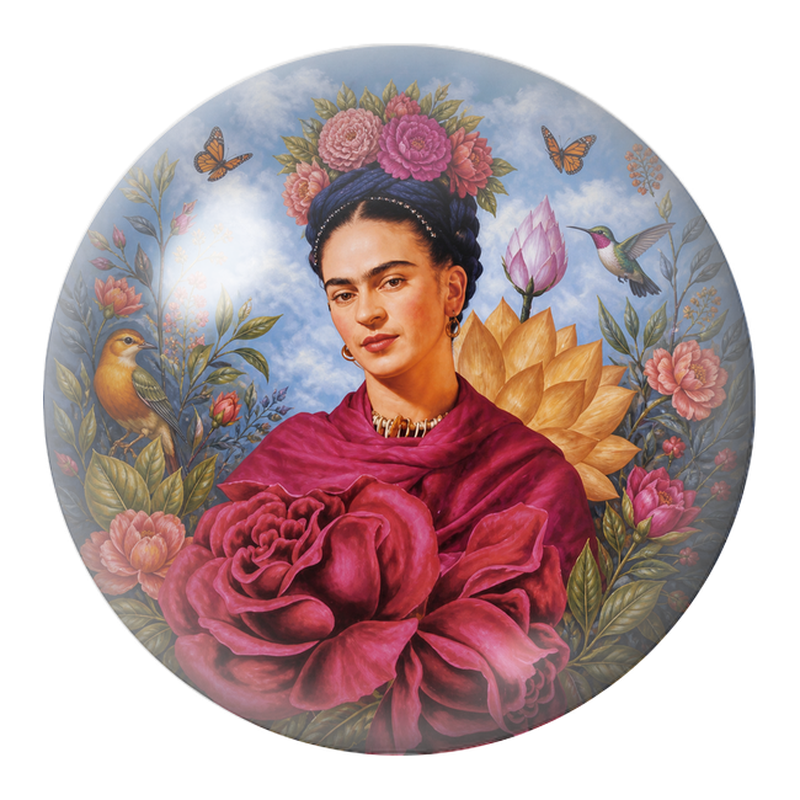 Cabochon en Verre Illustré Frida au Bouquet de Rose Géante sous les Papillons 12 à 25mm