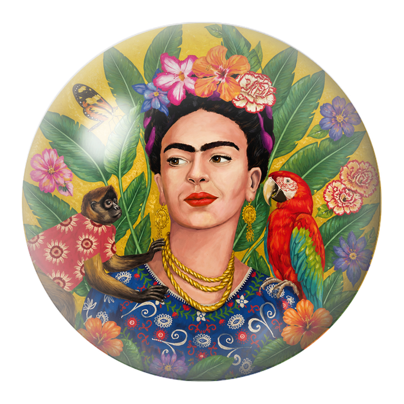 Cabochon en Verre Illustré Frida au Singe et au Perroquet dans un Jardin Tropical 12 à 25mm