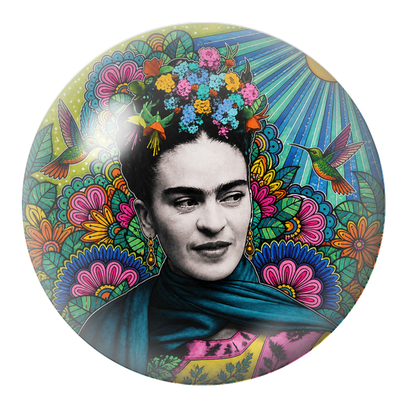 Cabochon en Verre Illustré Frida au Châle Bleu avec Deux Colibris 12 à 25mm