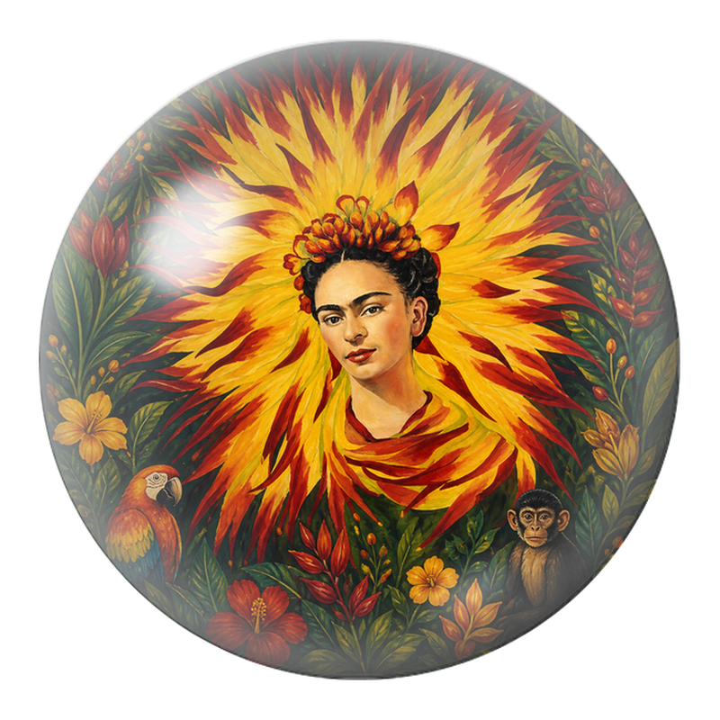 Cabochon en Verre Illustré Frida au Halo de Feu avec Perroquet et Singe 12 à 25mm