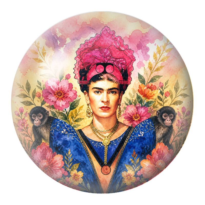 Cabochon en Verre Illustré Frida au Singe dans un Jardin Aquarelle 12 à 25mm