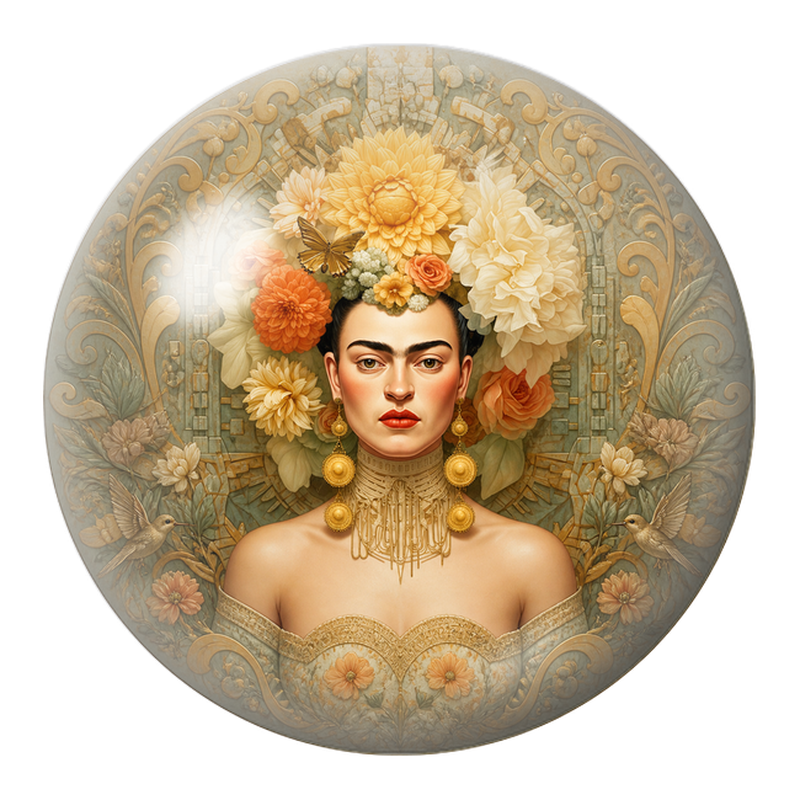 Cabochon en Verre Illustré Frida Dorée aux Colibris parmi les Fleurs 12 à 25mm