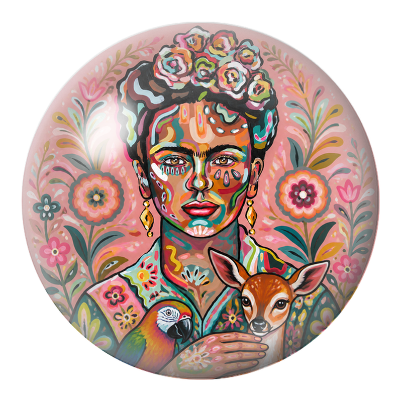 Cabochon en Verre Illustré Frida Colorée au Perroquet et au Faon 12 à 25mm