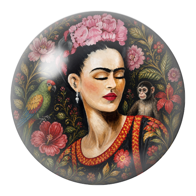 Cabochon en Verre Illustré Frida au Perroquet et au Singe dans un Jardin Sombre 12 à 25mm