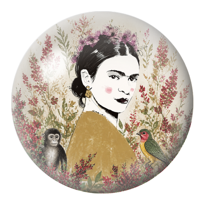 Cabochon en Verre Illustré Frida au Singe et à l’Oiseau dans un Jardin Aquarelle 12 à 25mm