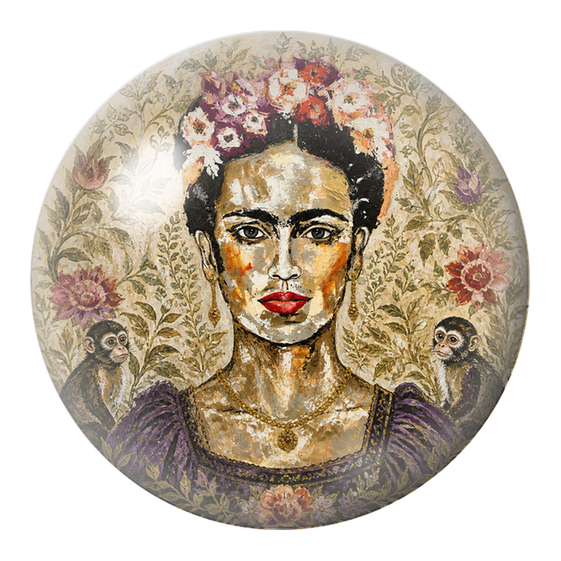 Cabochon en Verre Illustré Frida au Singe dans un Jardin Doré 12 à 25mm