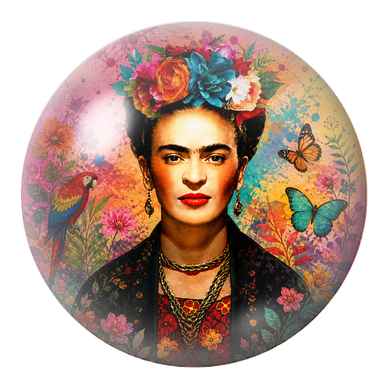 Cabochon en Verre Illustré Frida aux Papillons et au Perroquet dans un Jardin Corail 12 à 25mm