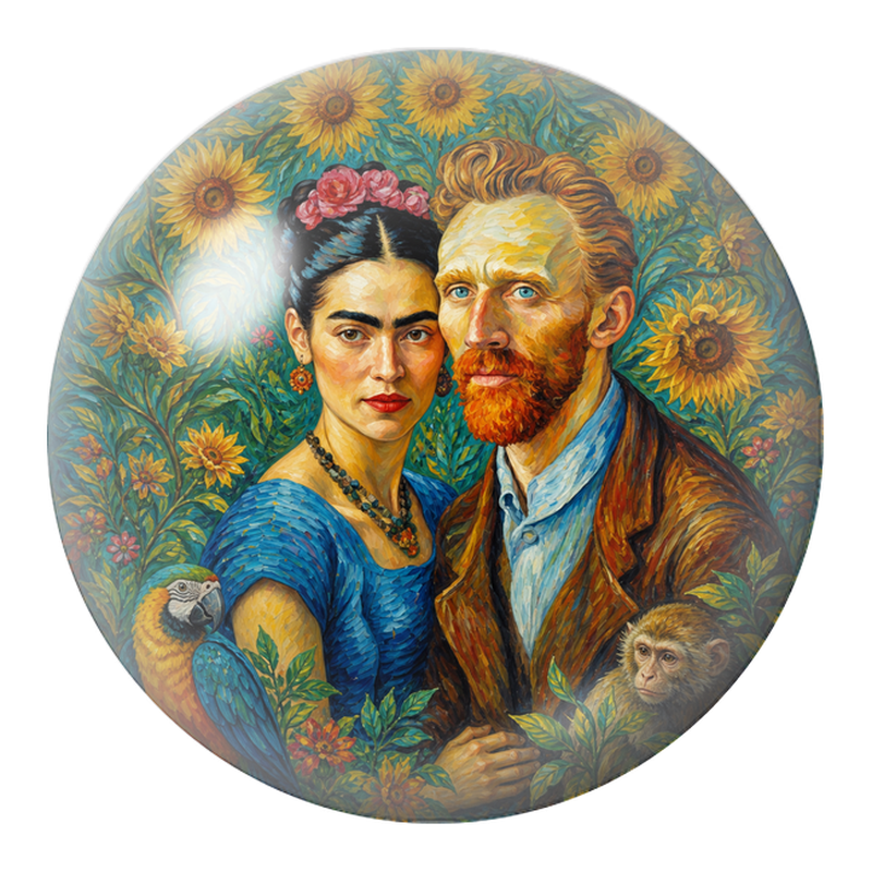 Cabochon en Verre Illustré Frida et Diego parmi les Tournesols 12 à 25mm
