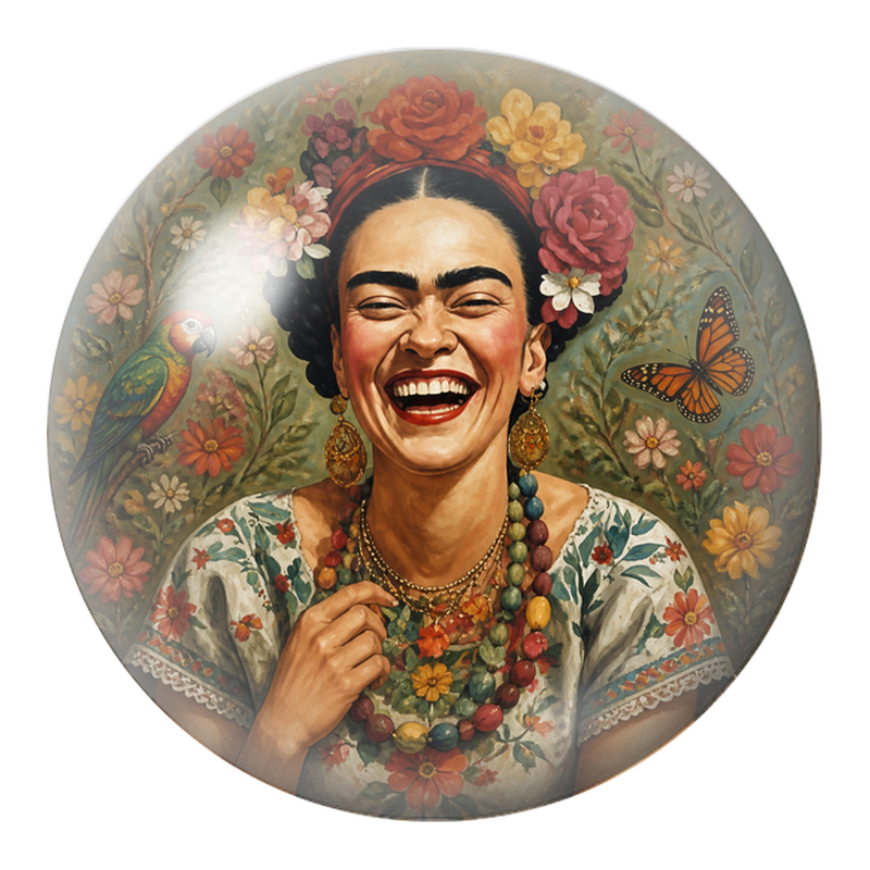 Cabochon en Verre Illustré Frida Rieuse avec Perroquet et Papillon 12 à 25mm