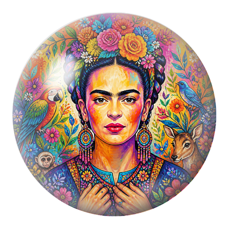 Cabochon en Verre Illustré Frida au Perroquet, au Faon et au Singe dans les Fleurs 12 à 25mm