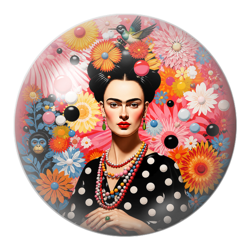 Cabochon en Verre Illustré Frida Pop aux Fleurs et au Colibri 12 à 25mm