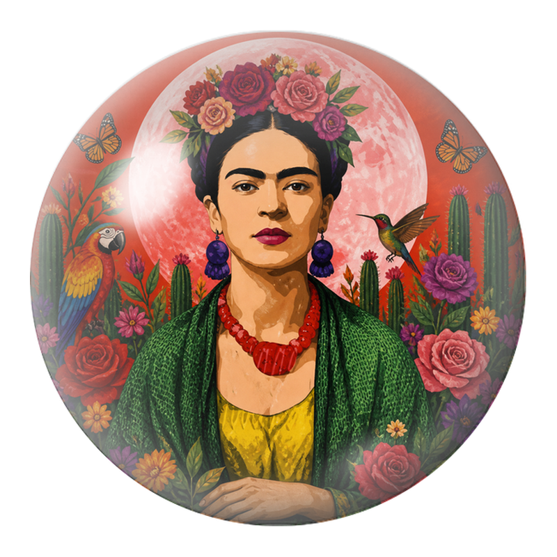 Cabochon en Verre Illustré Frida au Clair de Lune avec Perroquet et Colibri 12 à 25mm