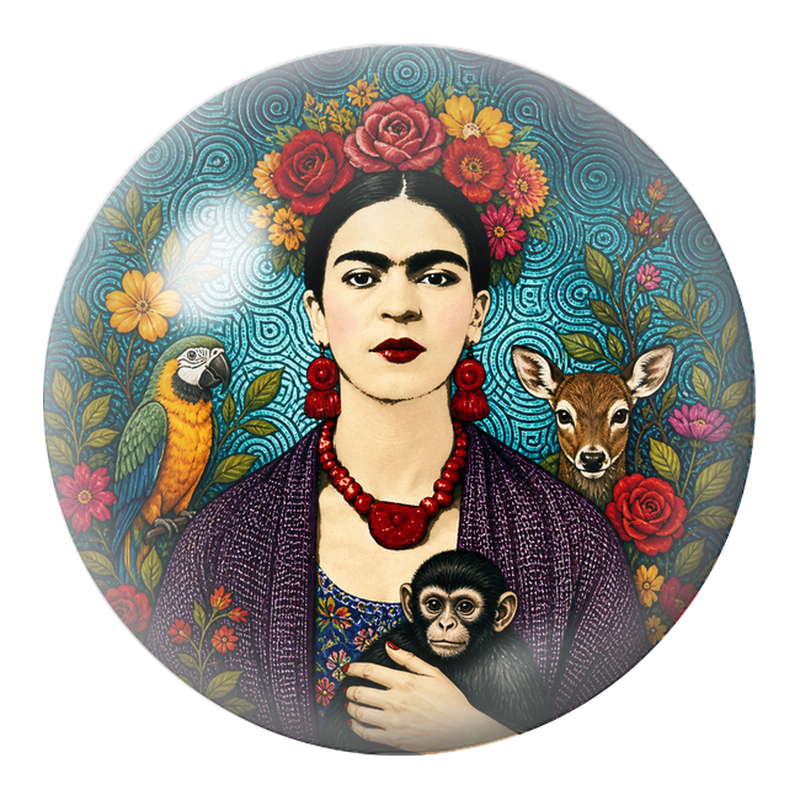 Cabochon en Verre Illustré Frida au Perroquet, au Faon et au Singe 12 à 25mm