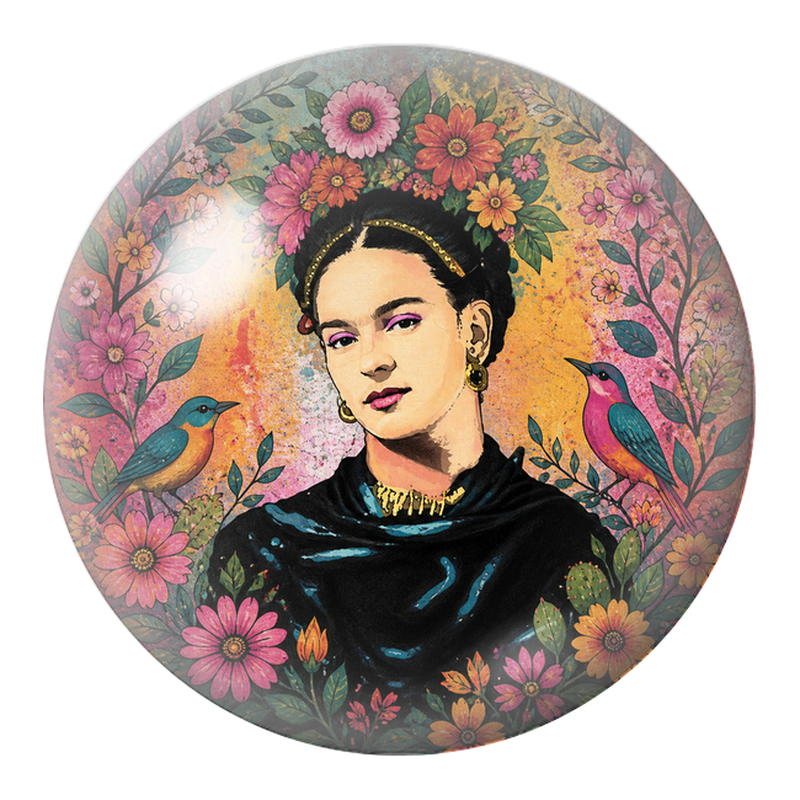 Cabochon en Verre Illustré Frida aux Deux Oiseaux dans un Jardin Fleuri 12 à 25mm
