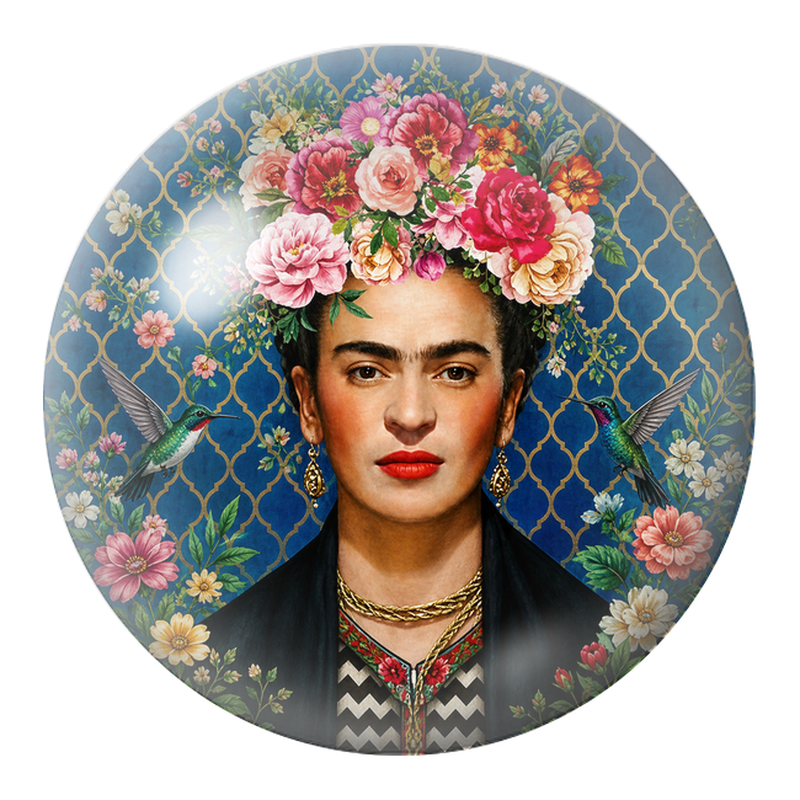 Cabochon en Verre Illustré Frida aux Deux Colibris dans un Jardin Bleu 12 à 25mm