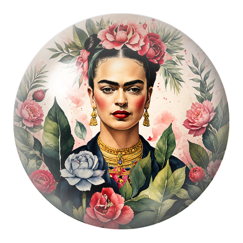 Cabochon en Verre Illustré Frida aux Fleurs Roses et Blanches 12 à 25mm