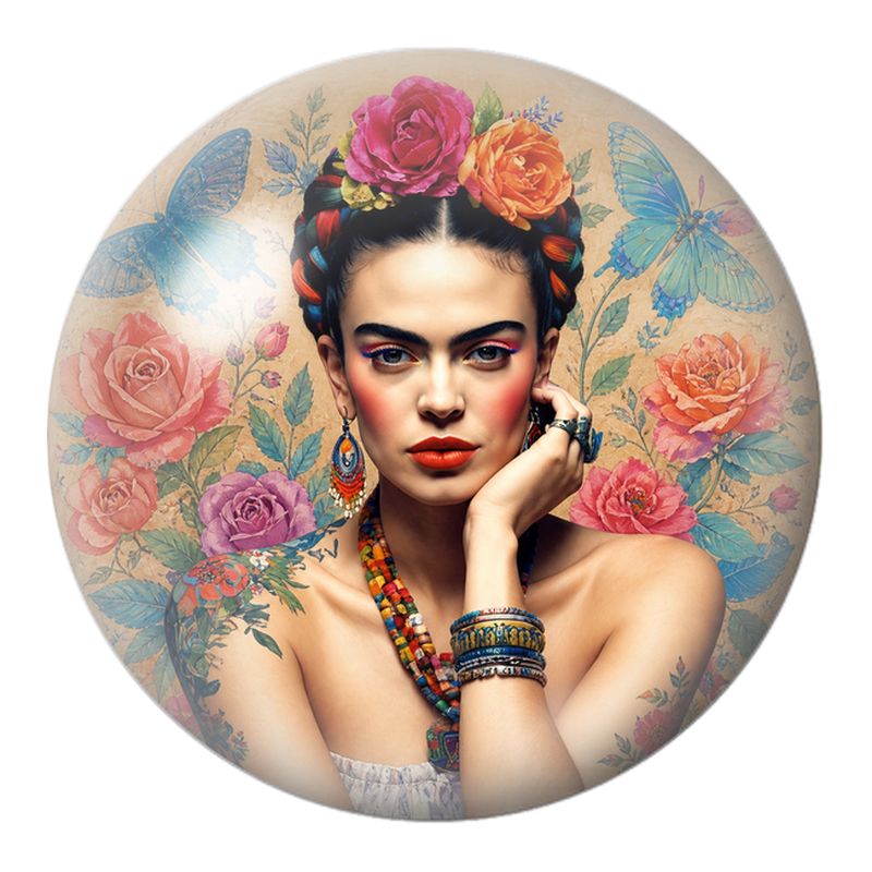 Cabochon en Verre Illustré Frida aux Papillons Bleus dans un Jardin de Roses 12 à 25mm