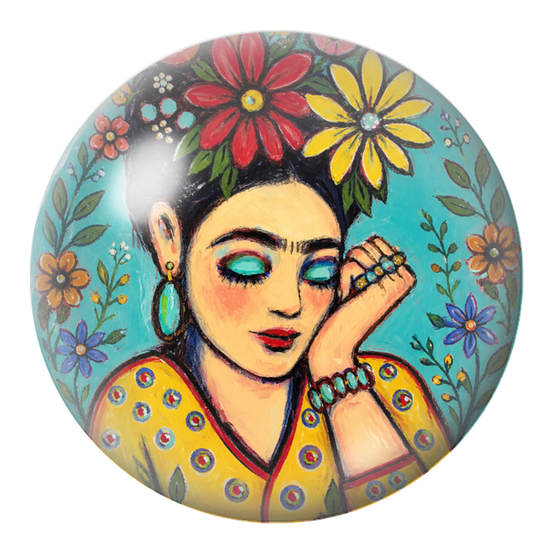 Cabochon en Verre Illustré Frida Rêveuse aux Fleurs Colorées 12 à 25mm