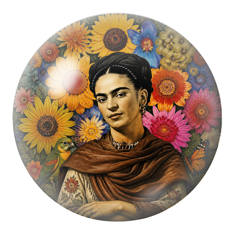 Cabochon en Verre Illustré Frida aux Tournesols avec Perroquet et Papillon 12 à 25mm