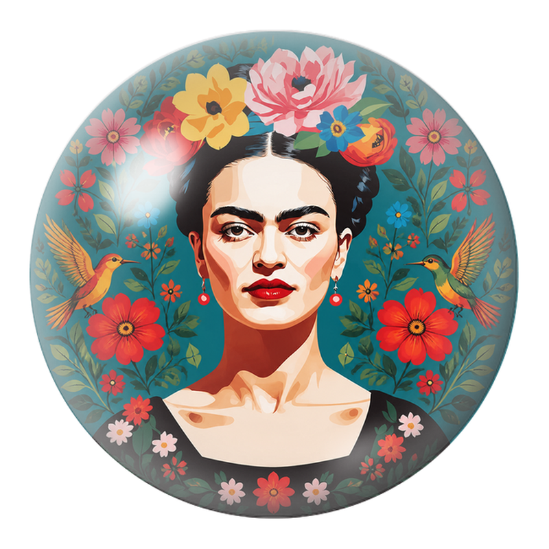 Cabochon en Verre Illustré Frida aux Deux Colibris dans un Jardin Rouge 12 à 25mm