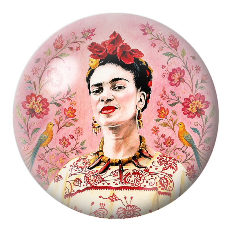Cabochon en Verre Illustré Frida aux Deux Oiseaux dans un Jardin Rose 12 à 25mm