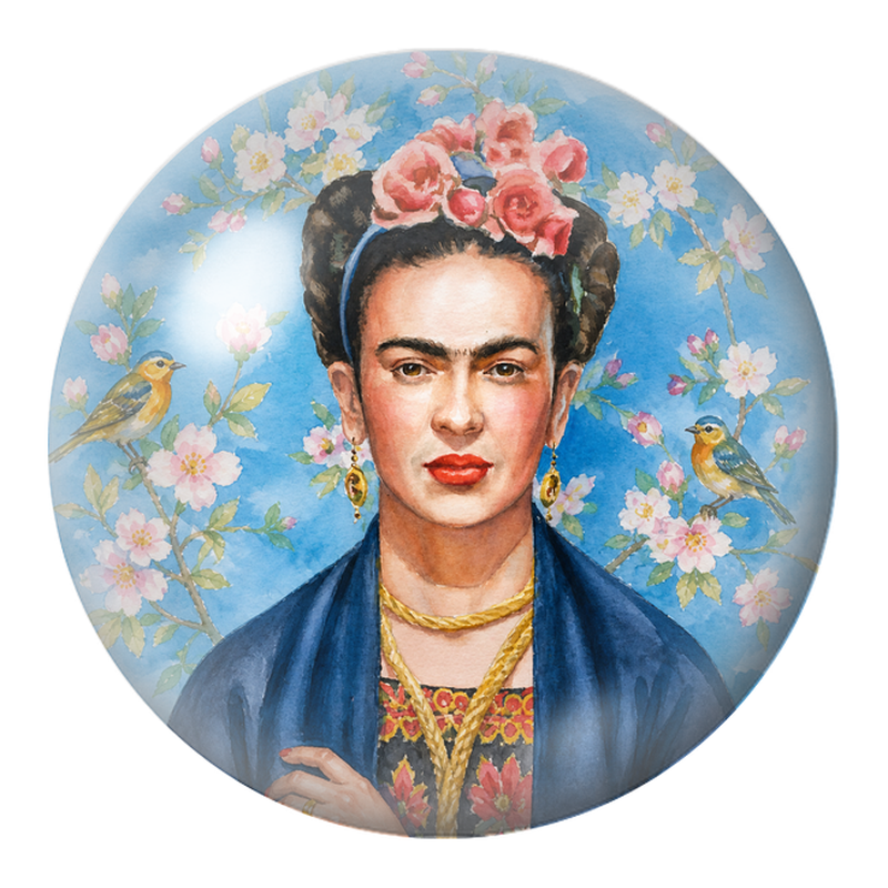 Cabochon en Verre Illustré Frida aux Deux Oiseaux dans un Jardin de Fleurs 12 à 25mm
