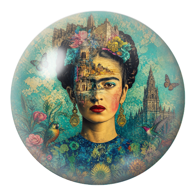 Cabochon en Verre Illustré Frida au Visage-Collage parmi les Oiseaux 12 à 25mm