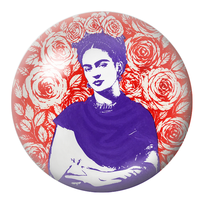 Cabochon en Verre Illustré Frida Pop Violette sur Fond de Roses Rouges 12 à 25mm