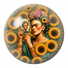 Cabochon en Verre Illustré Frida au Miroir dans un Champ de Tournesols 12 à 25mm pour la Création de Bijoux Fantaisie - DIY