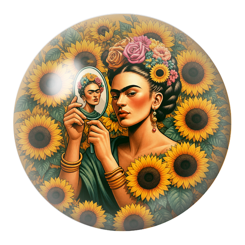 Cabochon en Verre Illustré Frida au Miroir dans un Champ de Tournesols 12 à 25mm