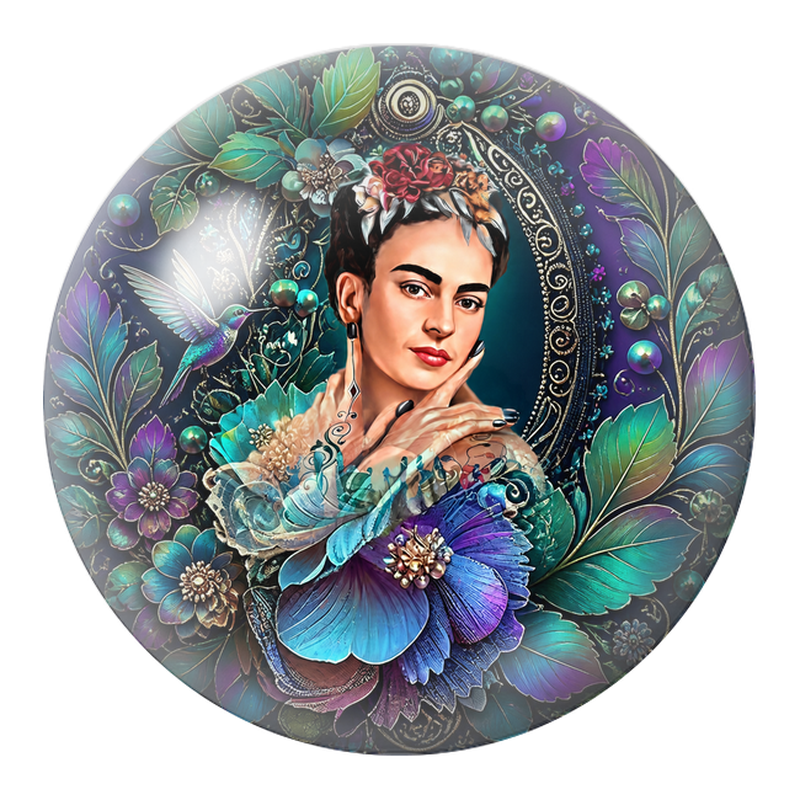 Cabochon en Verre Illustré Frida au Colibri dans un Jardin Bleu et Violet 12 à 25mm