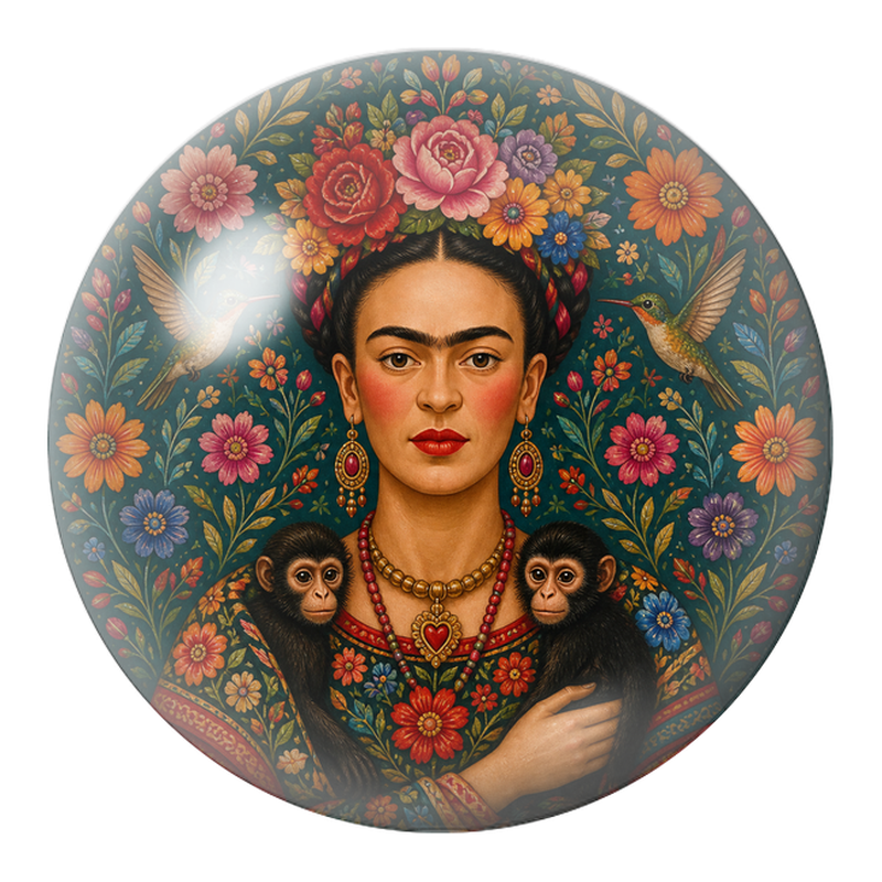 Cabochon en Verre Illustré Frida aux Deux Singes et aux Colibris dans les Fleurs 12 à 25mm