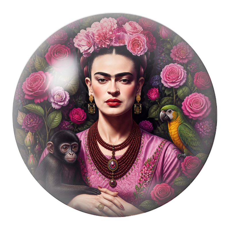 Cabochon en Verre Illustré Frida au Singe et au Perroquet dans un Jardin de Roses 12 à 25mm