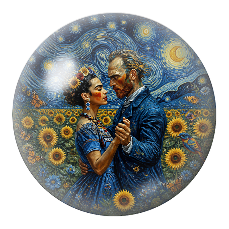 Cabochon en Verre Illustré Frida et Diego dans un Champ de Tournesols 12 à 25mm